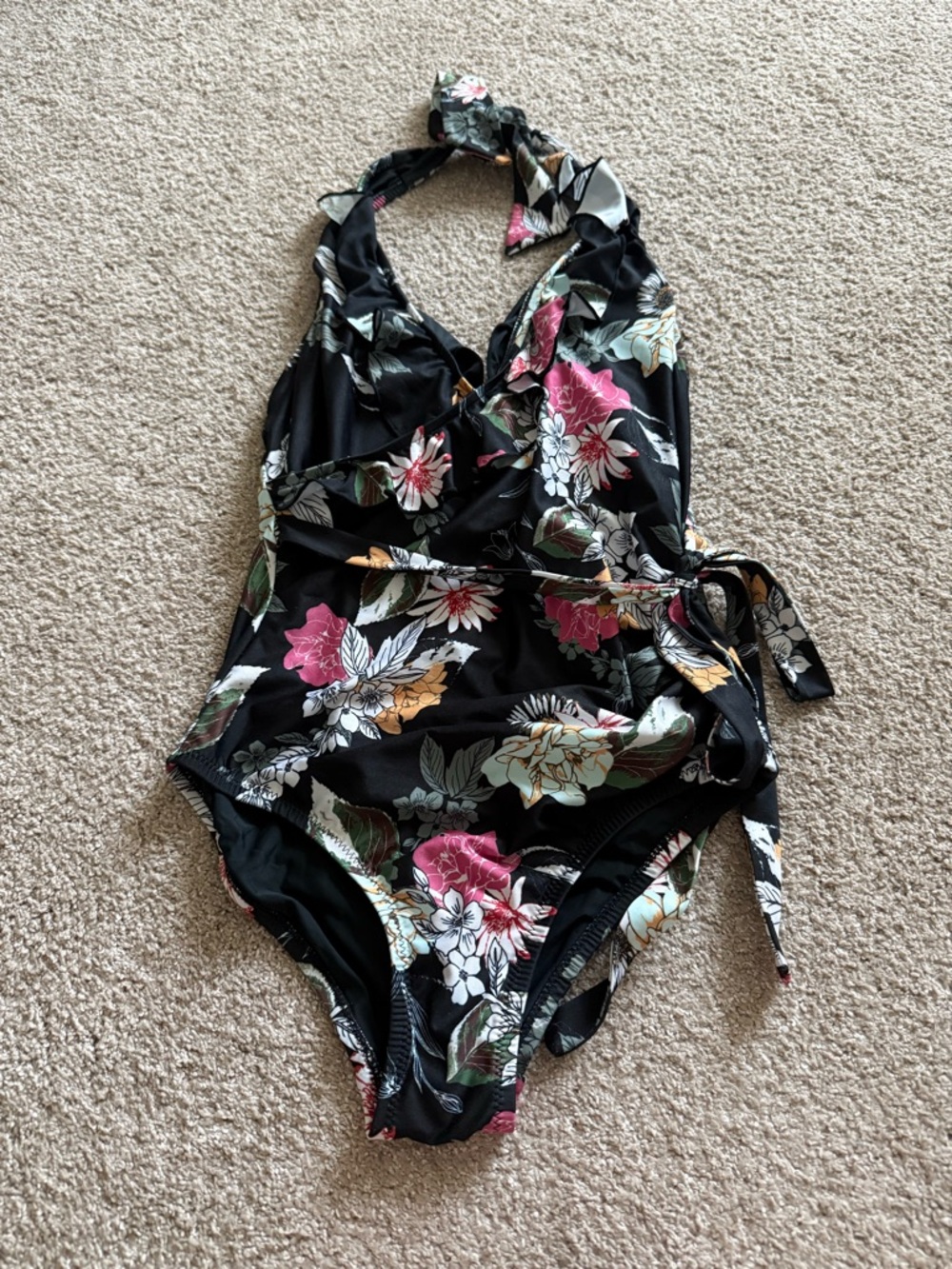 ModCloth Waist Tie Black Floral Halter One-Piece Swimsuit Size XS